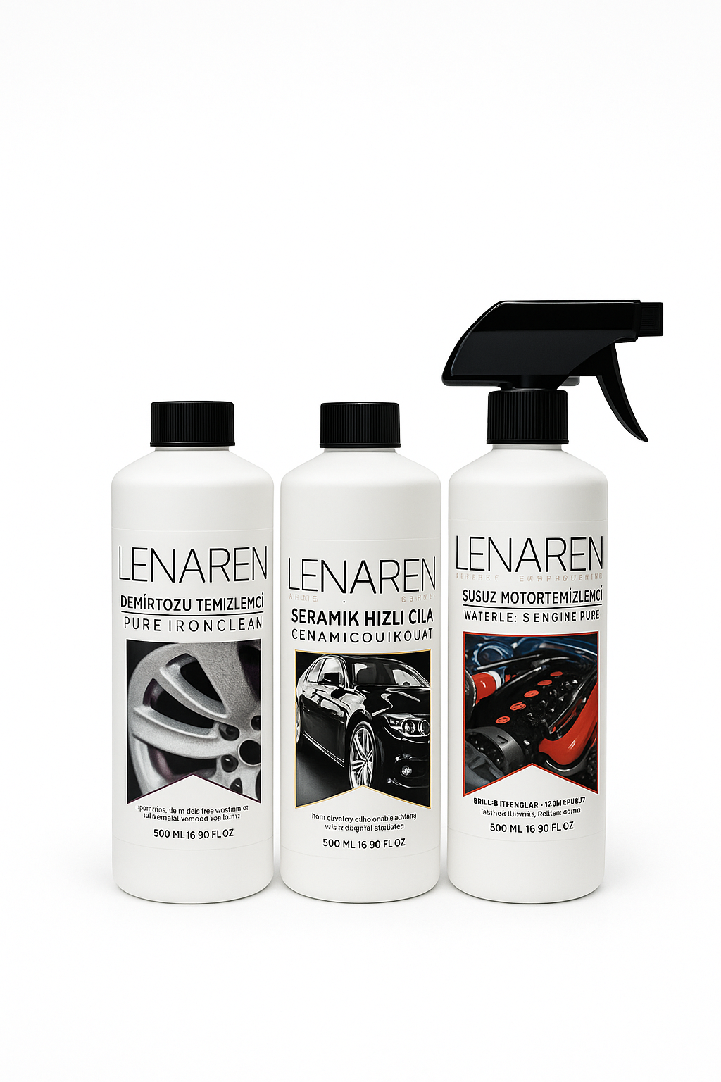 Lenaren 3’lü Oto Bakım Seti | Demir Tozu Temizleyici + Seramik Hızlı Cila + Susuz Motor Temizleyici