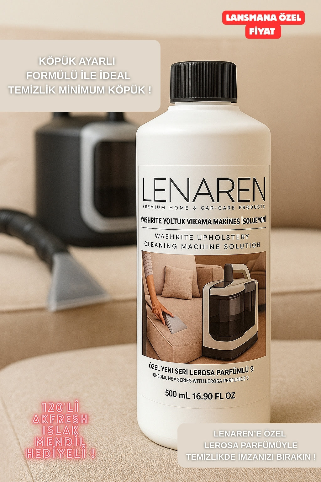 Lenaren Washrite Koltuk Yıkama Makinesi Şampuanı 500 ml Konsantre Döşeme Temizleyici