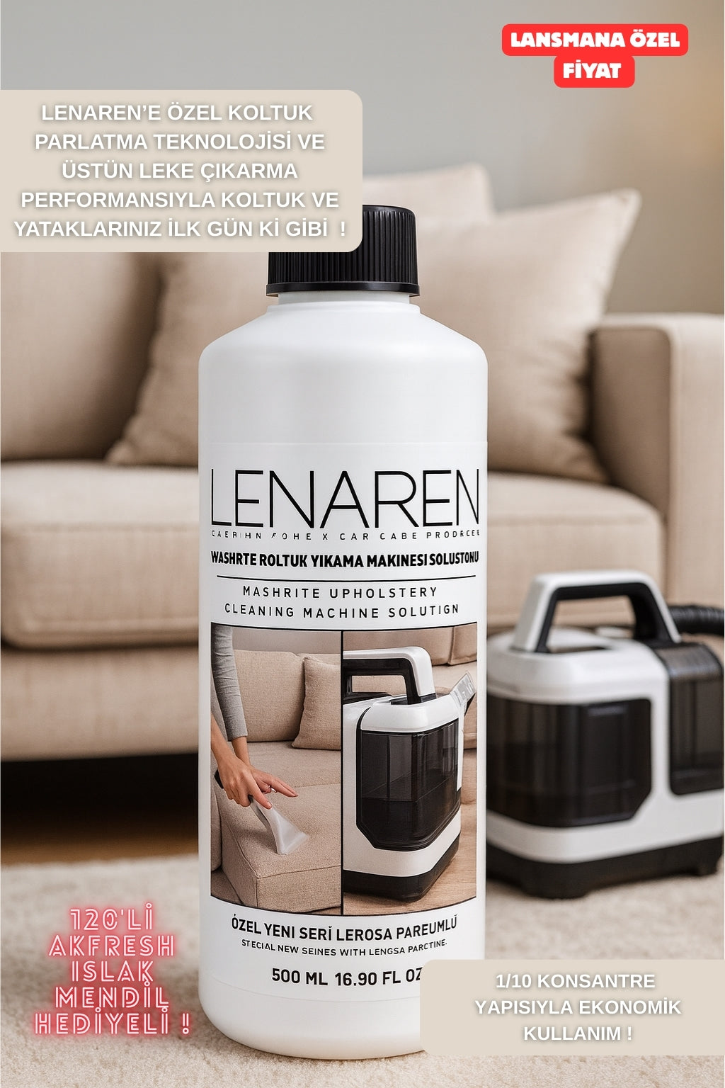 Lenaren Washrite Koltuk Yıkama Makinesi Şampuanı 500 ml Konsantre Döşeme Temizleyici